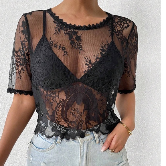 Tops - Black Floral Semi Sheer Short Sleeve Lace Top